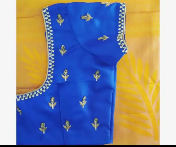 Blue Simple Elegant Aari Work Blouse – Timeless Charm Redefined