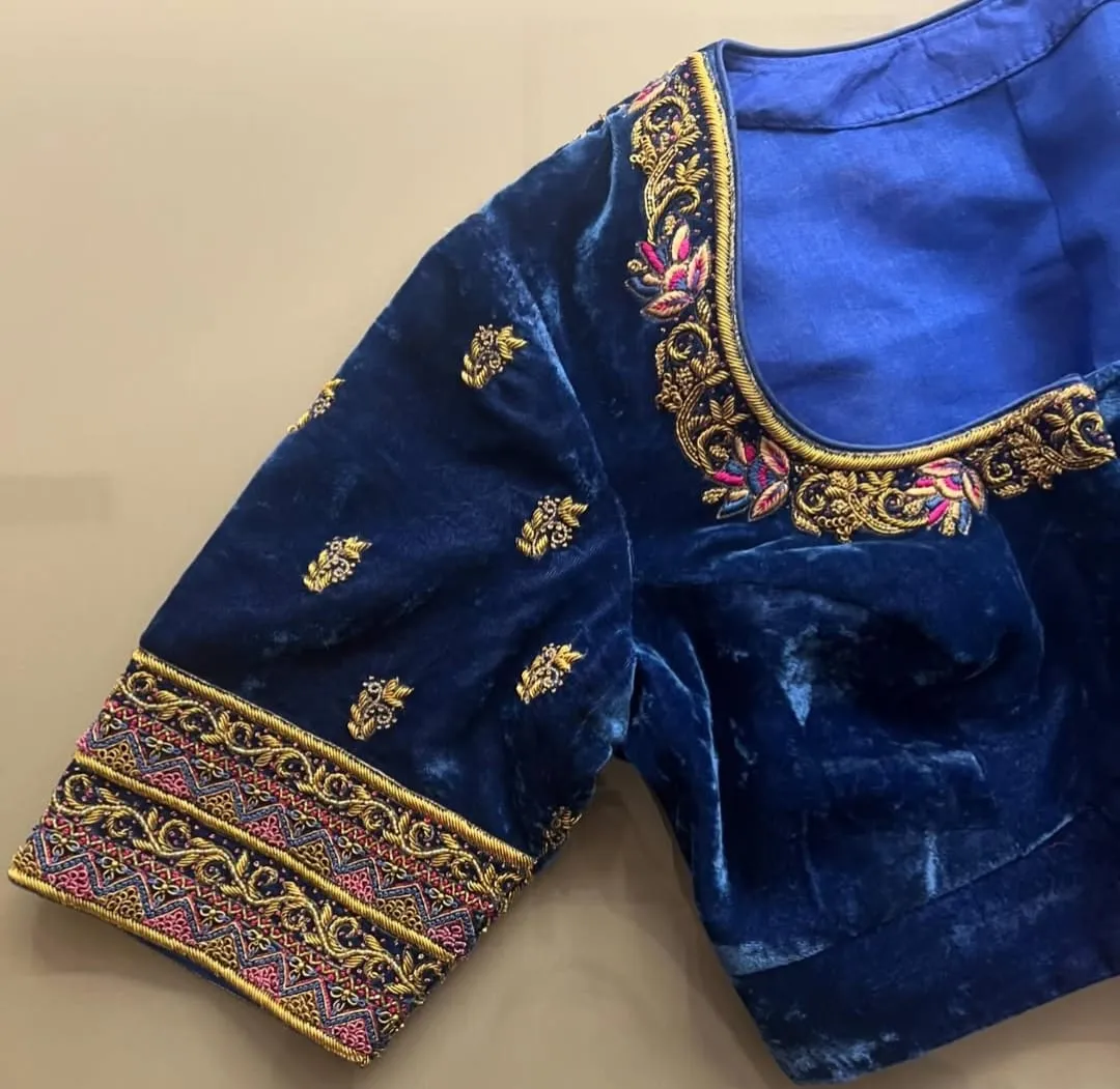 Exquisite Blue Velvet Aari Embroidered Blouse for Partywear