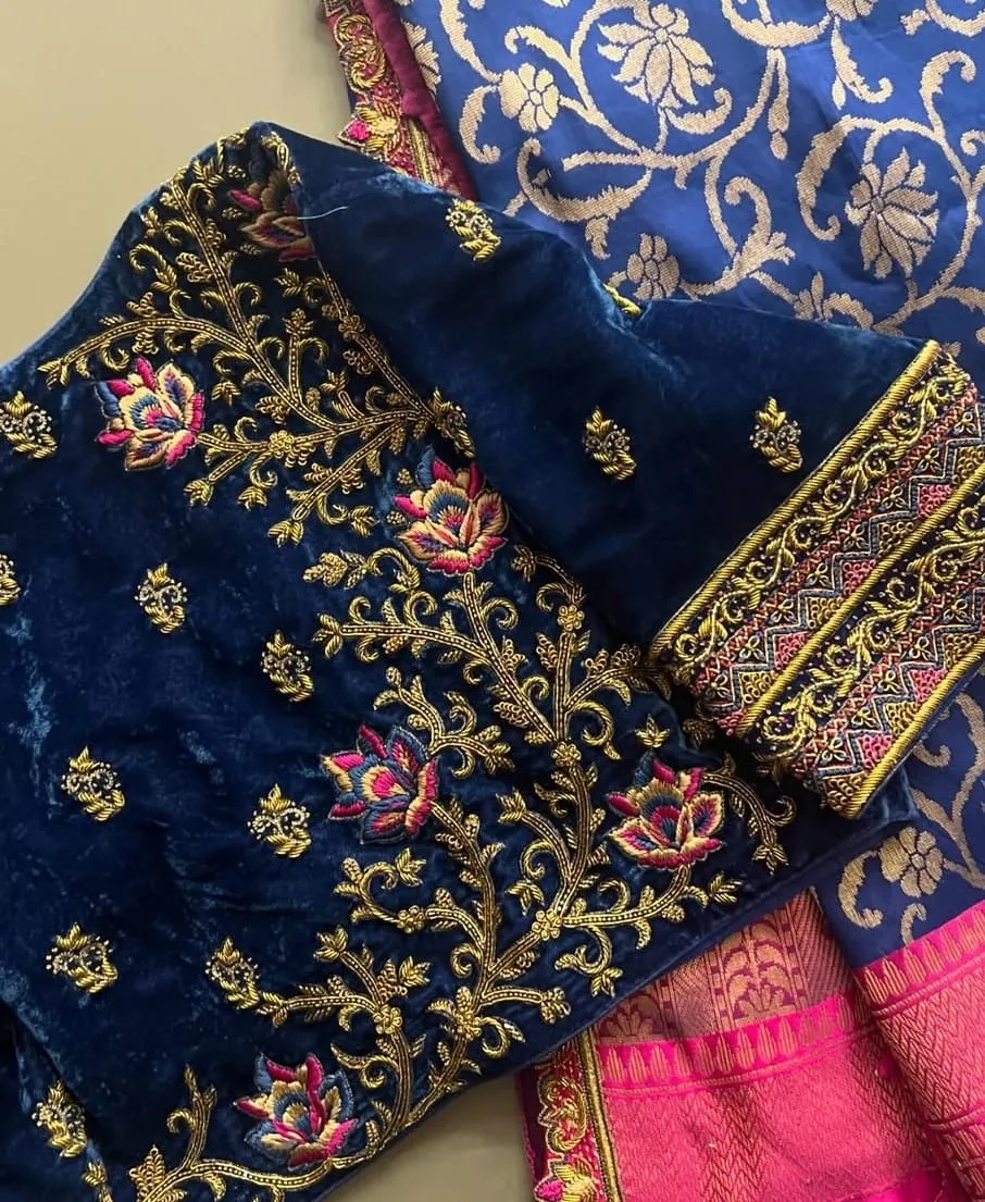 Exquisite Blue Velvet Aari Embroidered Blouse for Partywear