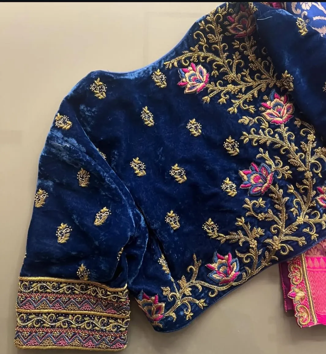 Exquisite Blue Velvet Aari Embroidered Blouse for Partywear