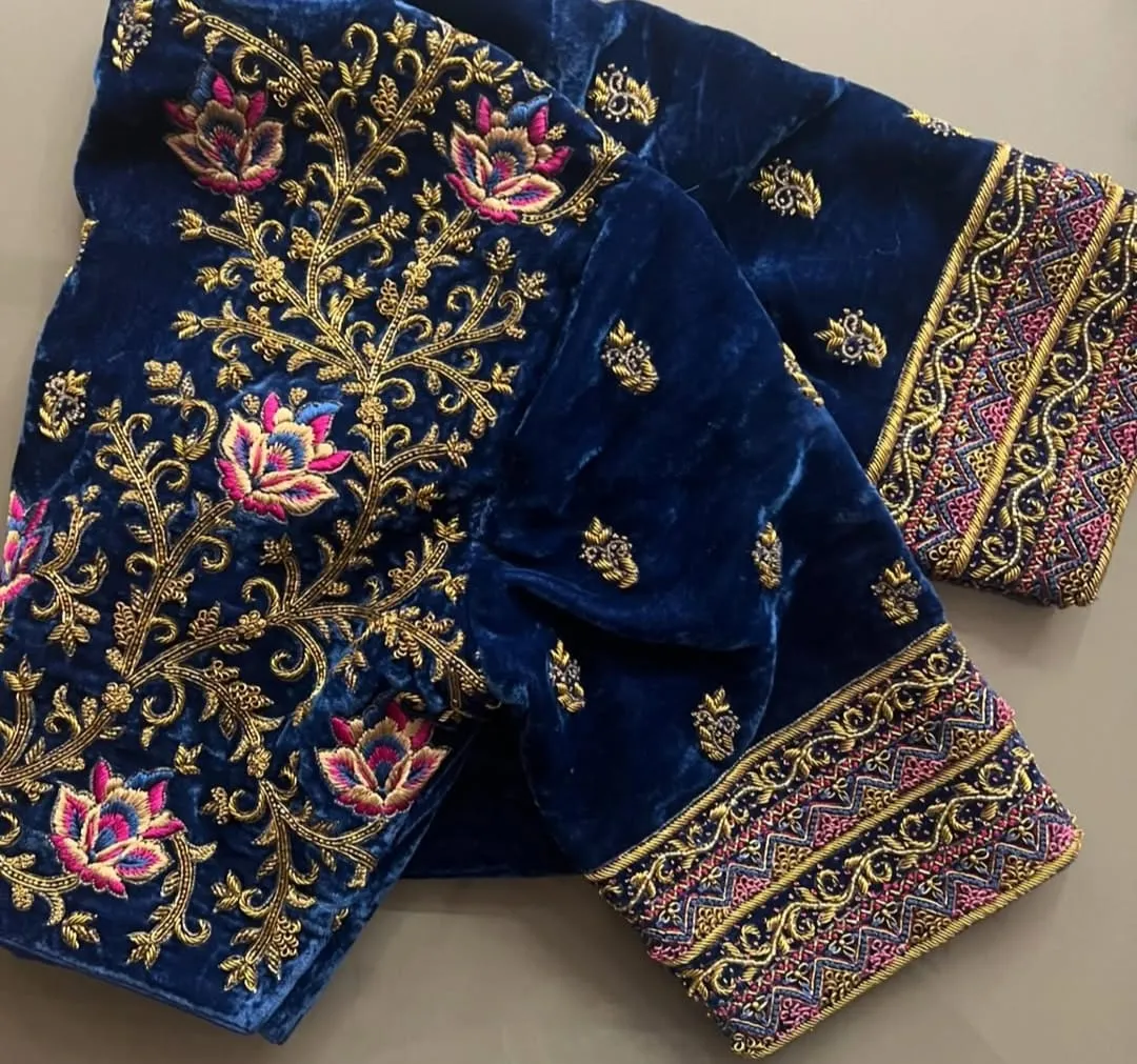 Exquisite Blue Velvet Aari Embroidered Blouse for Partywear