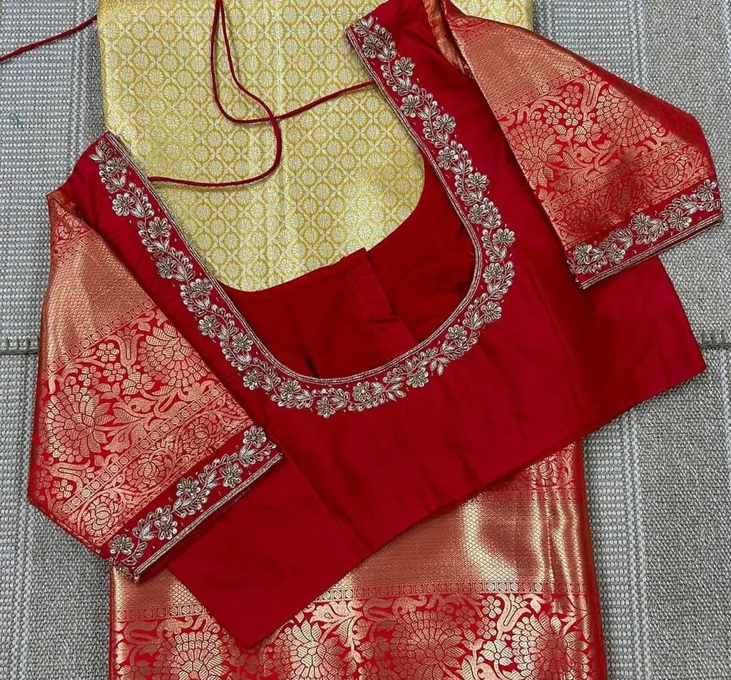 Eye-Catching Red Blouse with Intricate Cutwork Embellishments