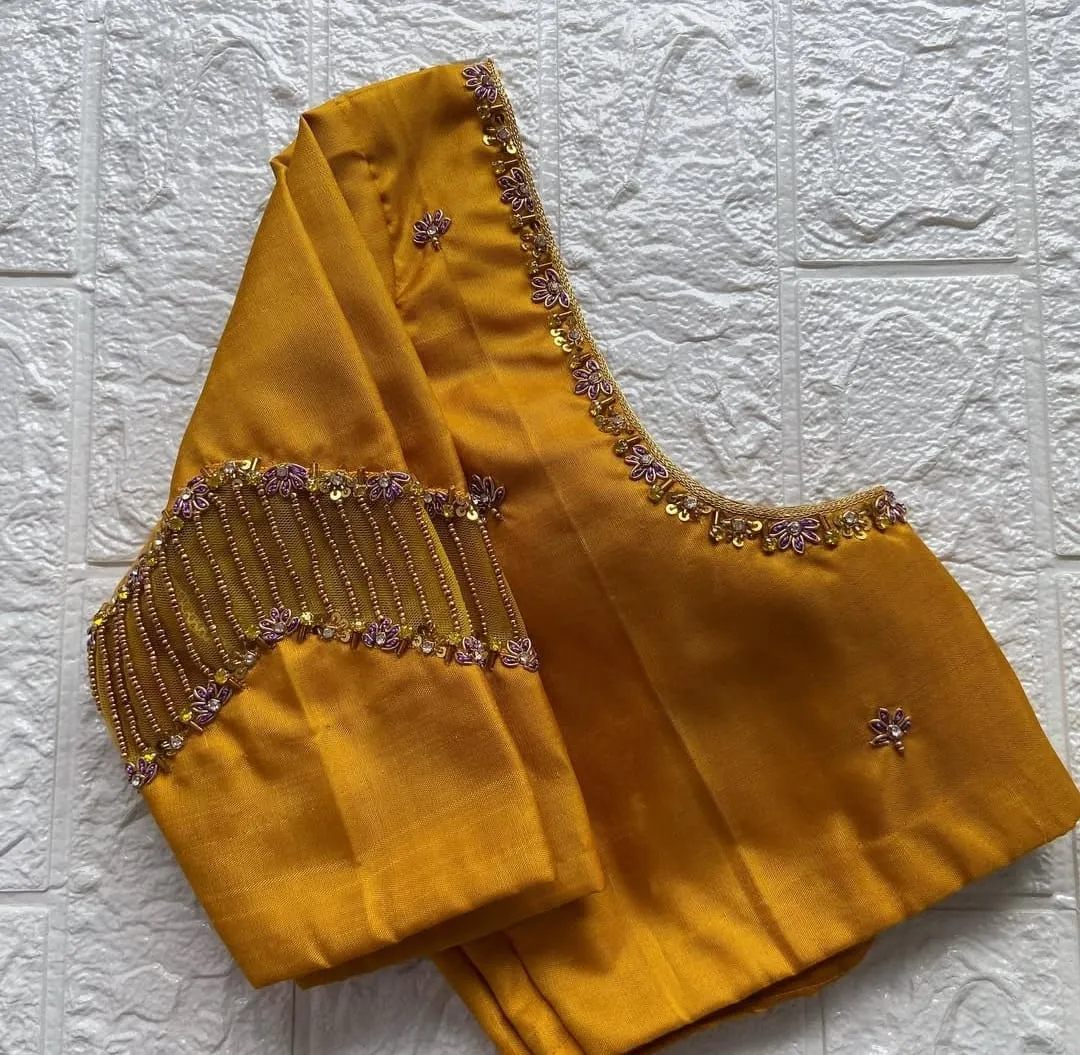 Mustard Yellow Net Work Blouse for Partywear