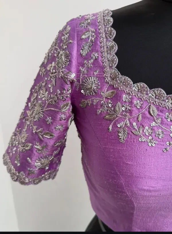 Purple Pink Zardosi Raw Silk Blouse – Luxurious Bridal Elegance