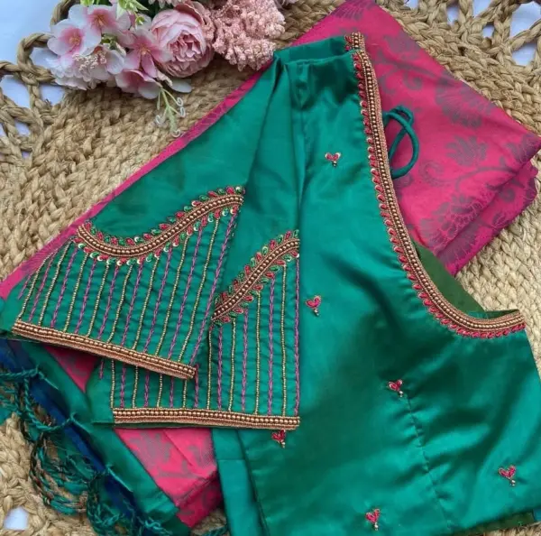 Simple Green Designer Blouse with Subtle Line Patterns