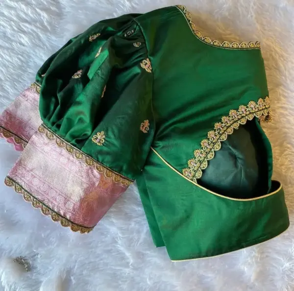 Stylish Green Puff Sleeves Blouse with Zari Work Detailing