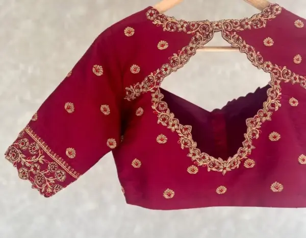 Stylish Red Aari Embroidery Blouse with Trendy Cutwork