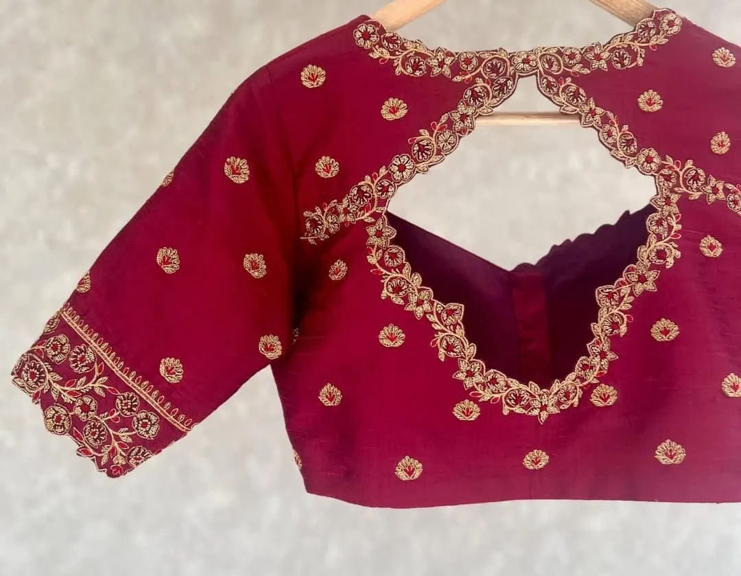 Stylish Red Aari Embroidery Blouse with Trendy Cutwork