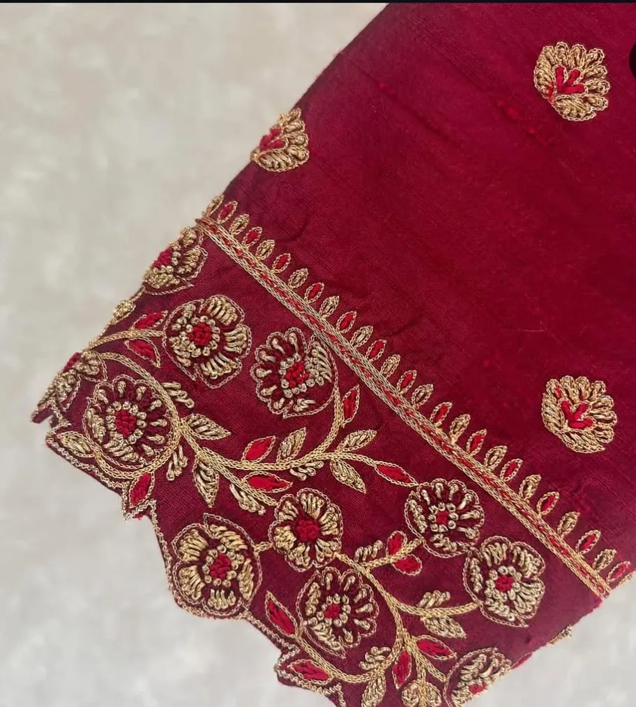 Stylish Red Aari Embroidery Blouse with Trendy Cutwork