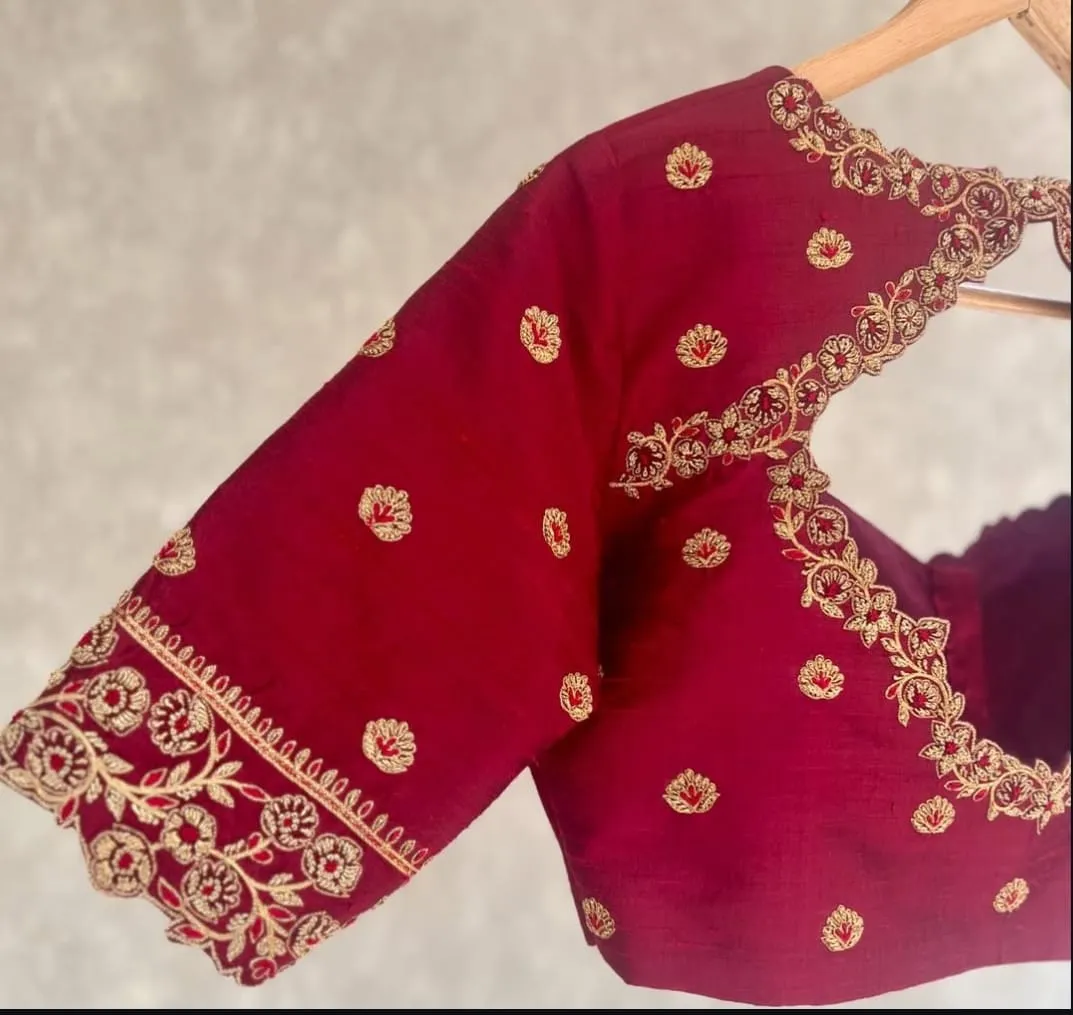 Stylish Red Aari Embroidery Blouse with Trendy Cutwork