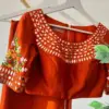 Sunset Glow – Orange Mirror Boat Neck Designer Blouse