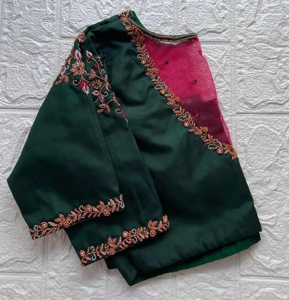 Trending Bottle Green Net Work Blouse for Bridesmaids