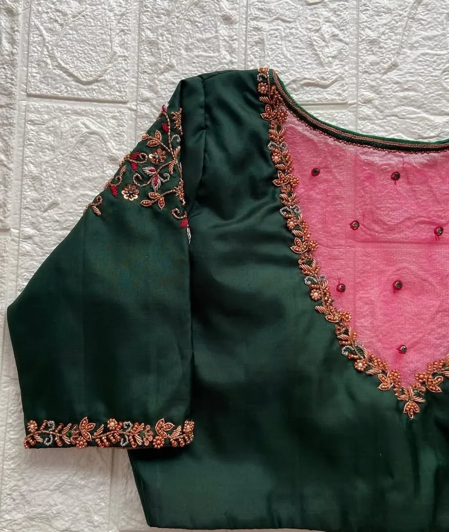 Trending Bottle Green Net Work Blouse for Bridesmaids