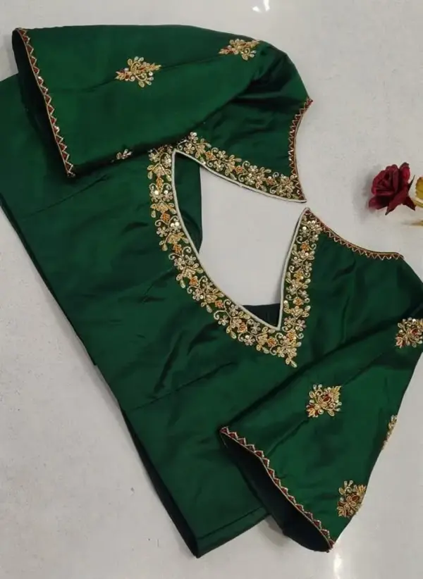 Bottle Green Cutwork Blouse with Delicate Detailing – Ideal for Festive Wear