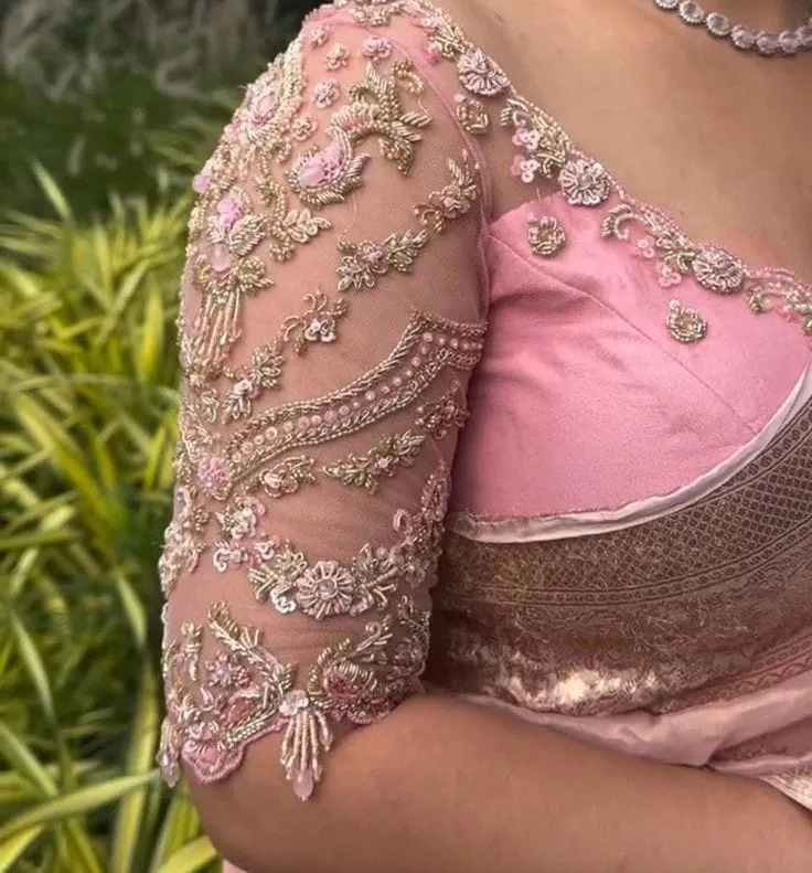 Radiant Baby Pink Net Work Designer Blouse for Brides