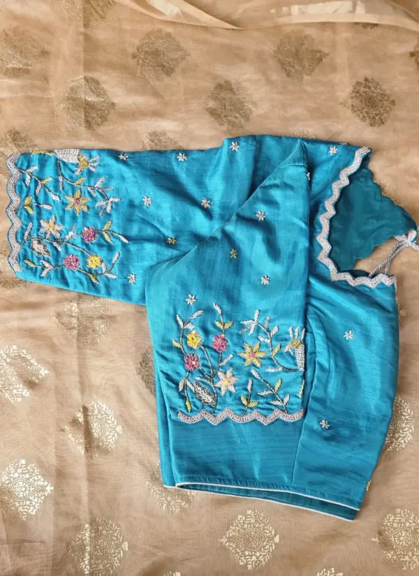 Blue Raw Silk Cutwork Blouse – Elegant & Timeless