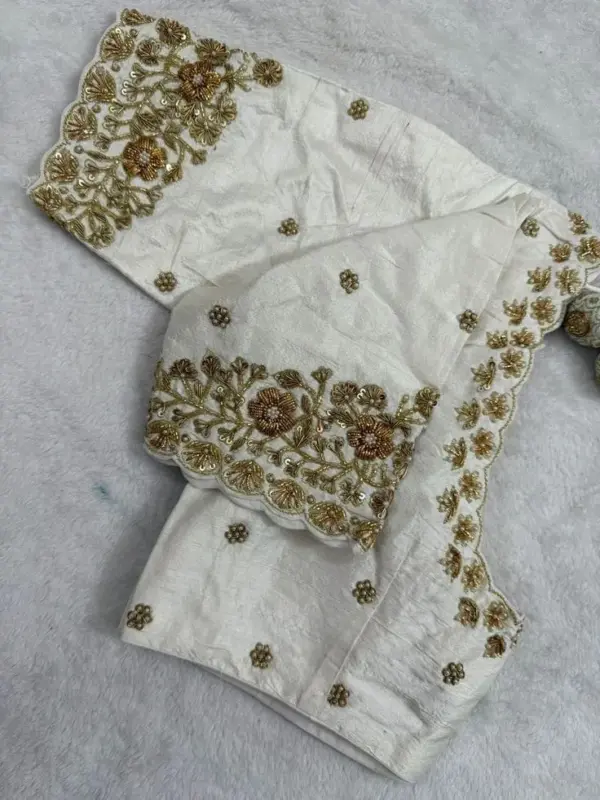 Elegant White Zardosi Work Raw Silk Blouse