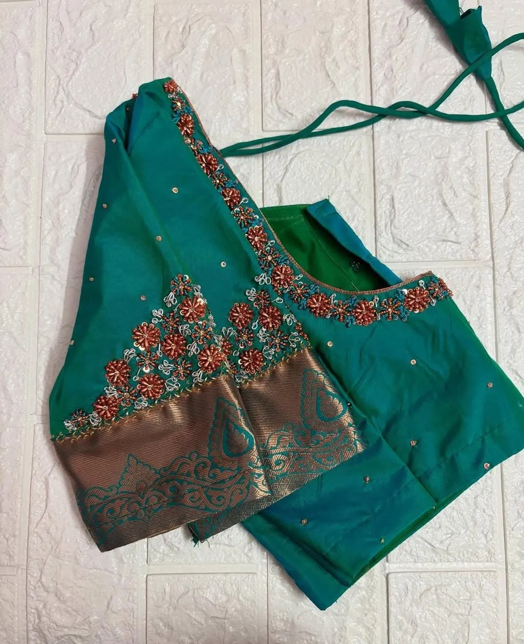 Handcrafted Green Blouse with Intricate Copper Beads Work