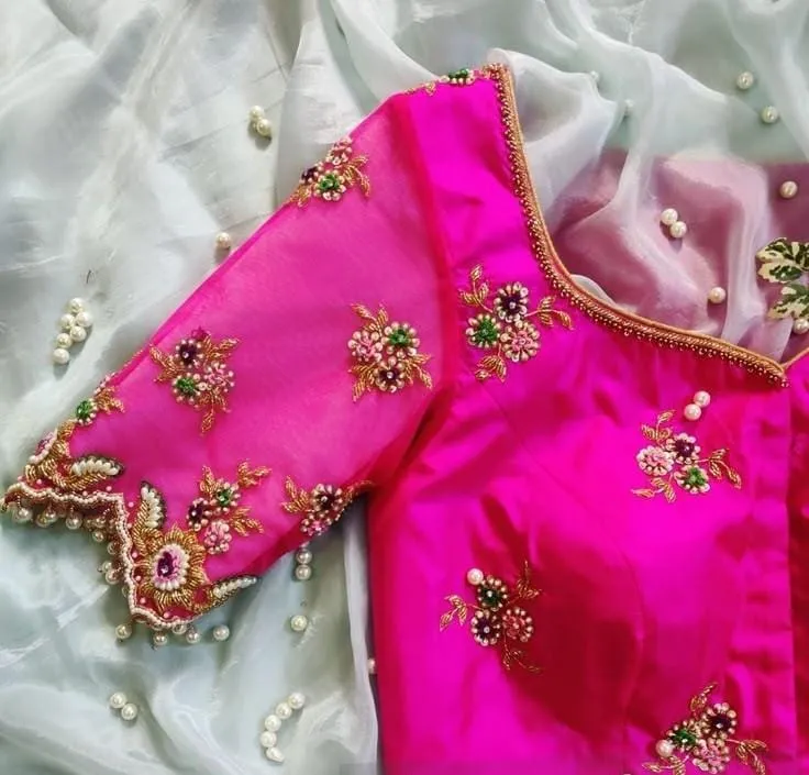 Handcrafted Pink Pearl Embroidered Cutwork Blouse
