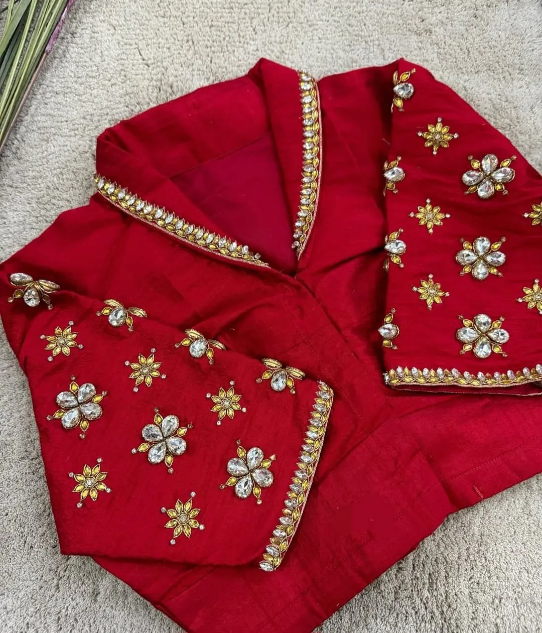Handcrafted Red Kundan Work Collar Neck Blouse