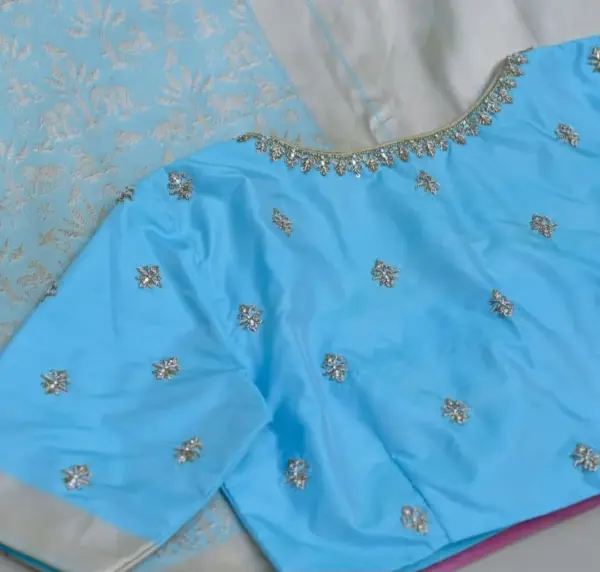 Minimalist Powder Blue Boat Neck Party Wear Blouse