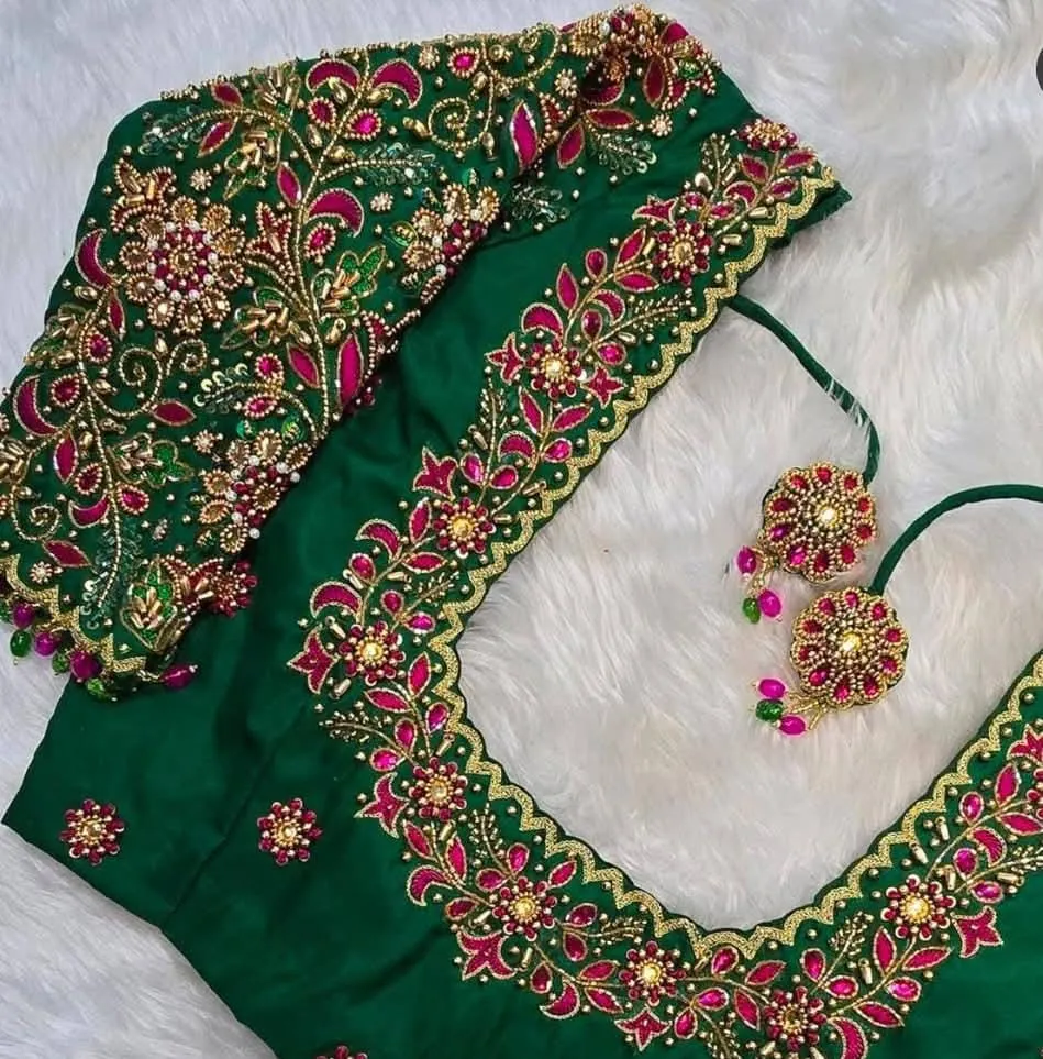 Traditional Bottle Green Maggam Work Blouse