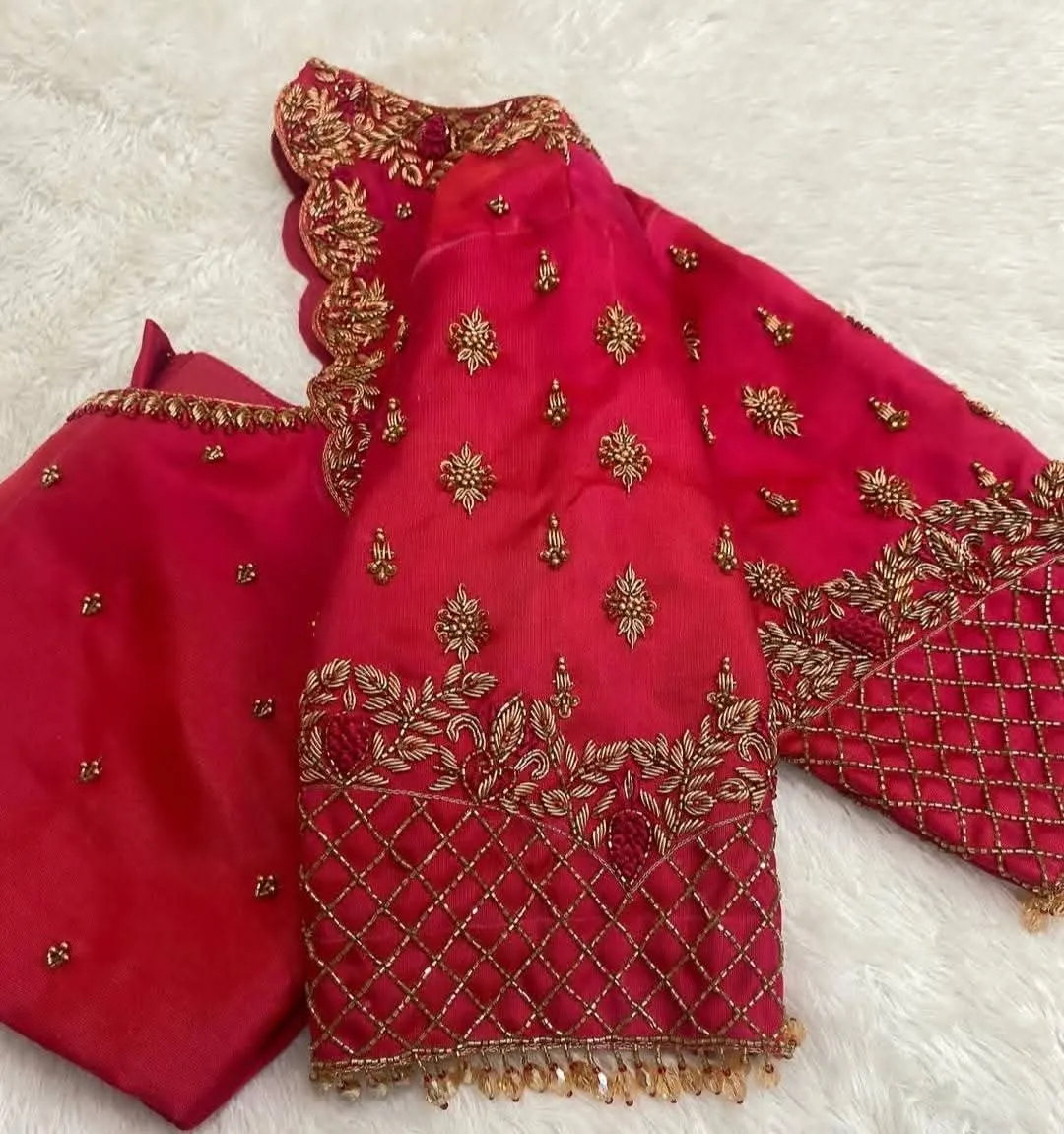 Classic Red Checkered Zardosi Blouse