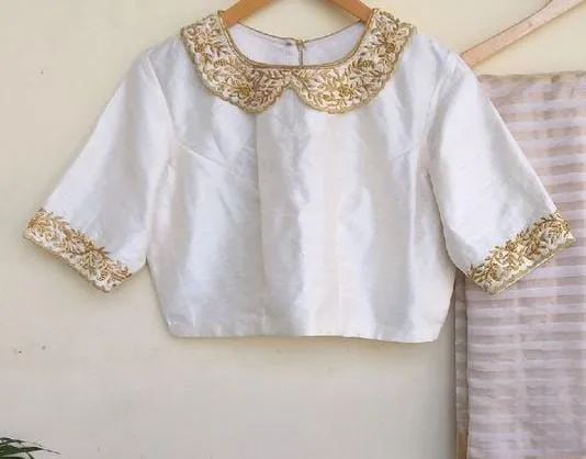 Elegant White Aari Work Blouse with Collar Design