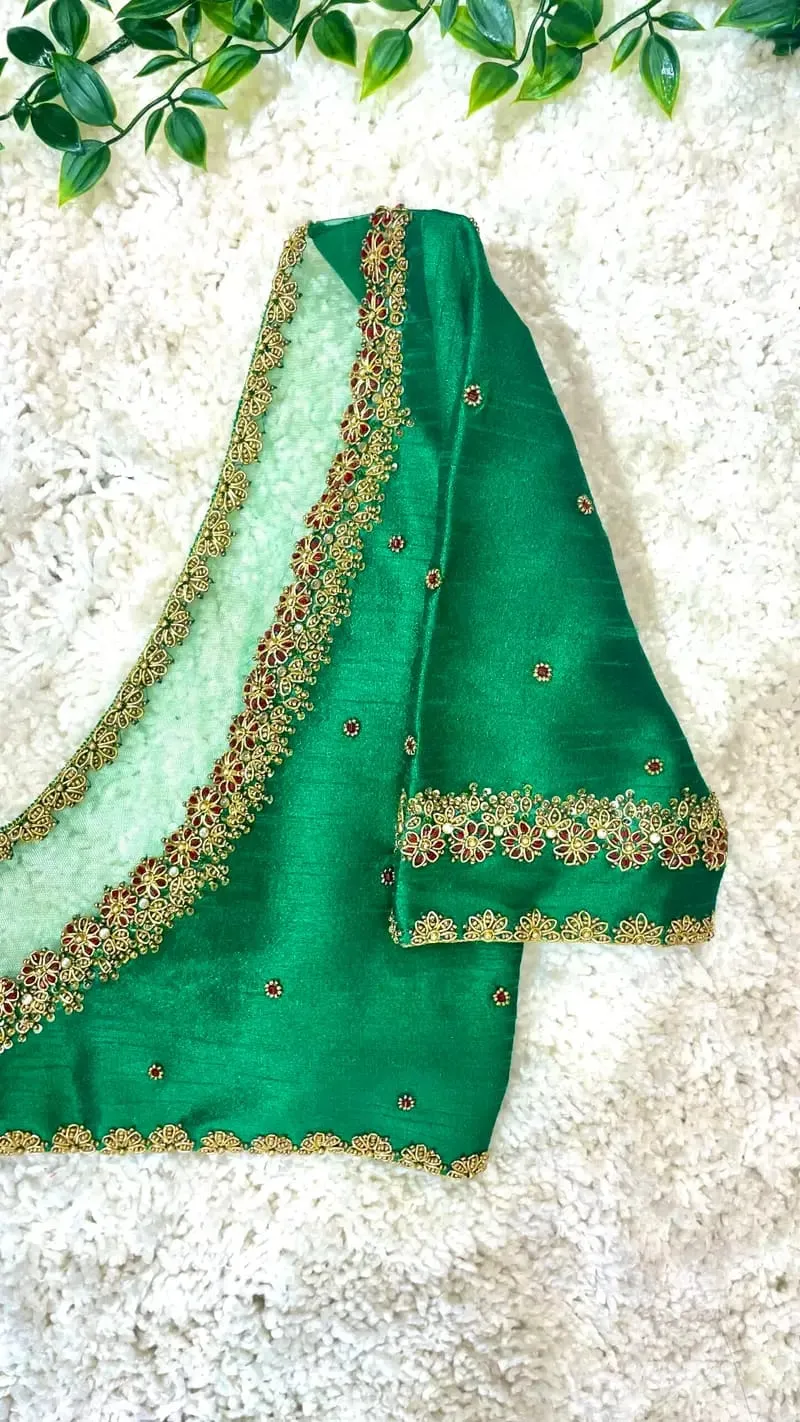 Graceful Charm – Green Net Raw Silk Blouse with Elegant Maggam Touch