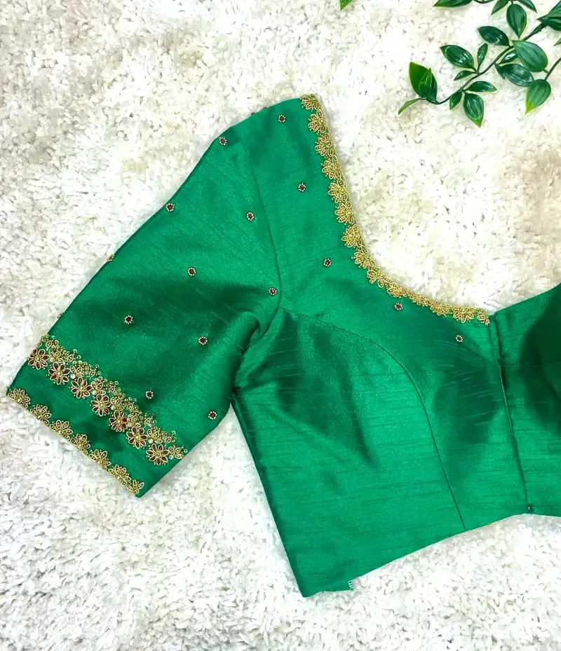 Graceful Charm – Green Net Raw Silk Blouse with Elegant Maggam Touch