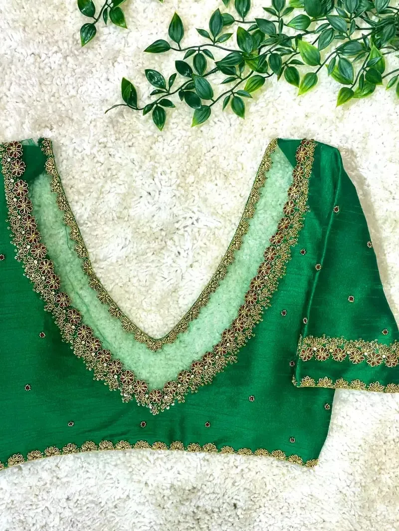 Graceful Charm – Green Net Raw Silk Blouse with Elegant Maggam Touch