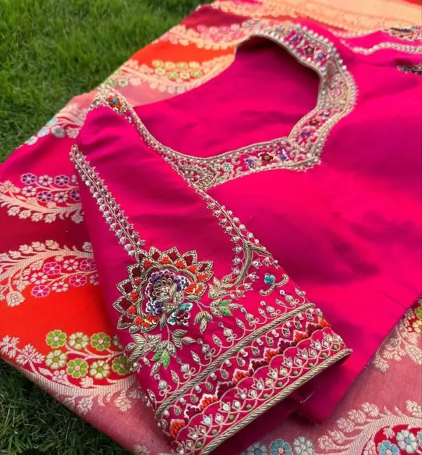 Latest Pink Zardosi Work Meenakari Blouse