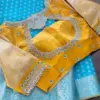 Majestic Yellow Designer Blouse – High Neck Cutwork with Luxe Jadu Kundan Detailing