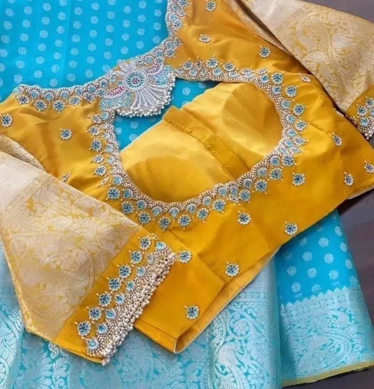 Majestic Yellow Designer Blouse – High Neck Cutwork with Luxe Jadu Kundan Detailing