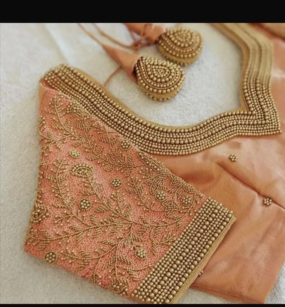 Peach Beaded Party Wear Designer Blouse