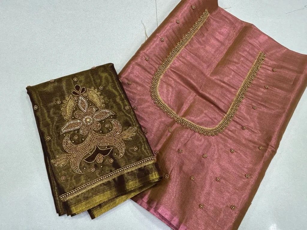 Radiant Charm – Premium Tissue Aari Beads Work Blouse at Best Deal!