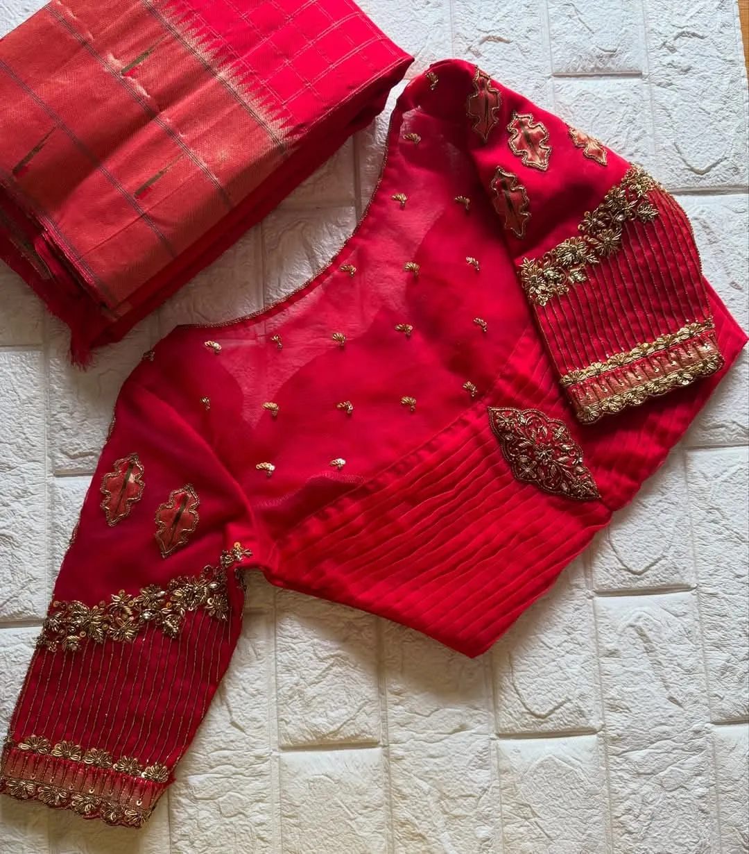 Statement Bridal Wear – Red Net Blouse with Rich Zardosi Embroidery