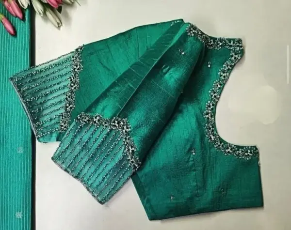 Stunning Green & Silver Net Maggam Work Boat Neck Blouse