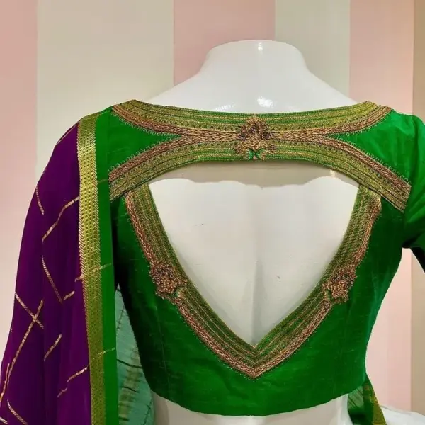 Stunning V-Neck Maggam Work Blouse – Enchanting Green for a Luxe Look