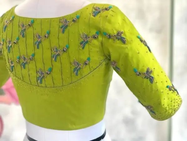 Whimsical Bird Design on Parrot Green – Handcrafted Blouse for Trendsetters