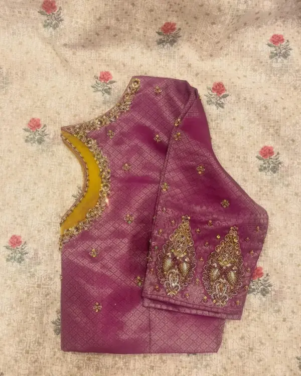 Chic Pink Net Aari Work Blouse – Customizable Elegance for Every Occasion!