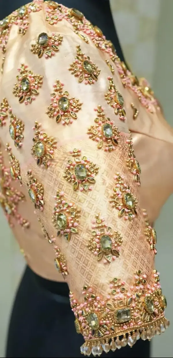 Ethereal Elegance – Beige Bridal Maggam Work Blouse for Timeless Grace