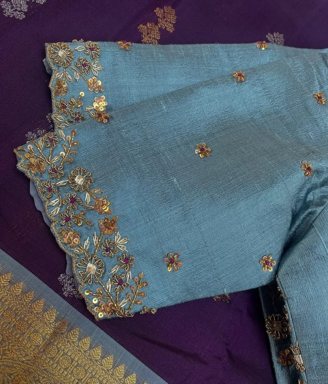 Ethereal Elegance – Designer Turquoise Blue Bridal Maggam Blouse
