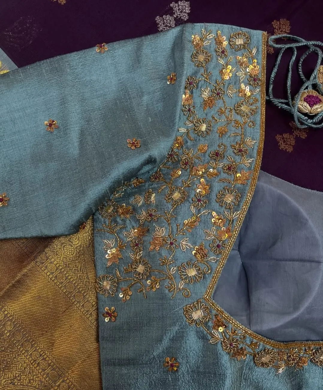 Ethereal Elegance – Designer Turquoise Blue Bridal Maggam Blouse
