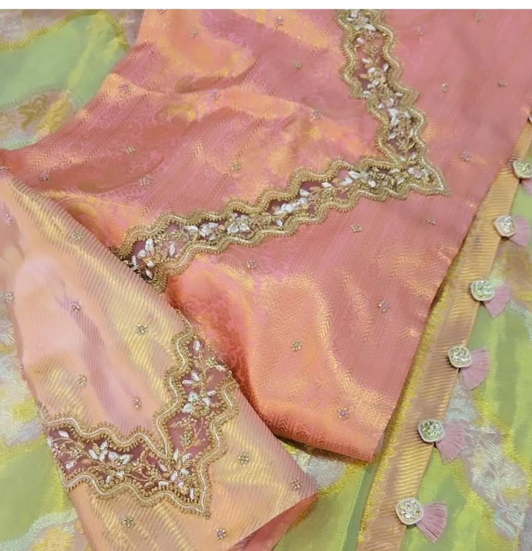 Luxury in Every Stitch – Peach Trendy Maggam Work Net Blouse