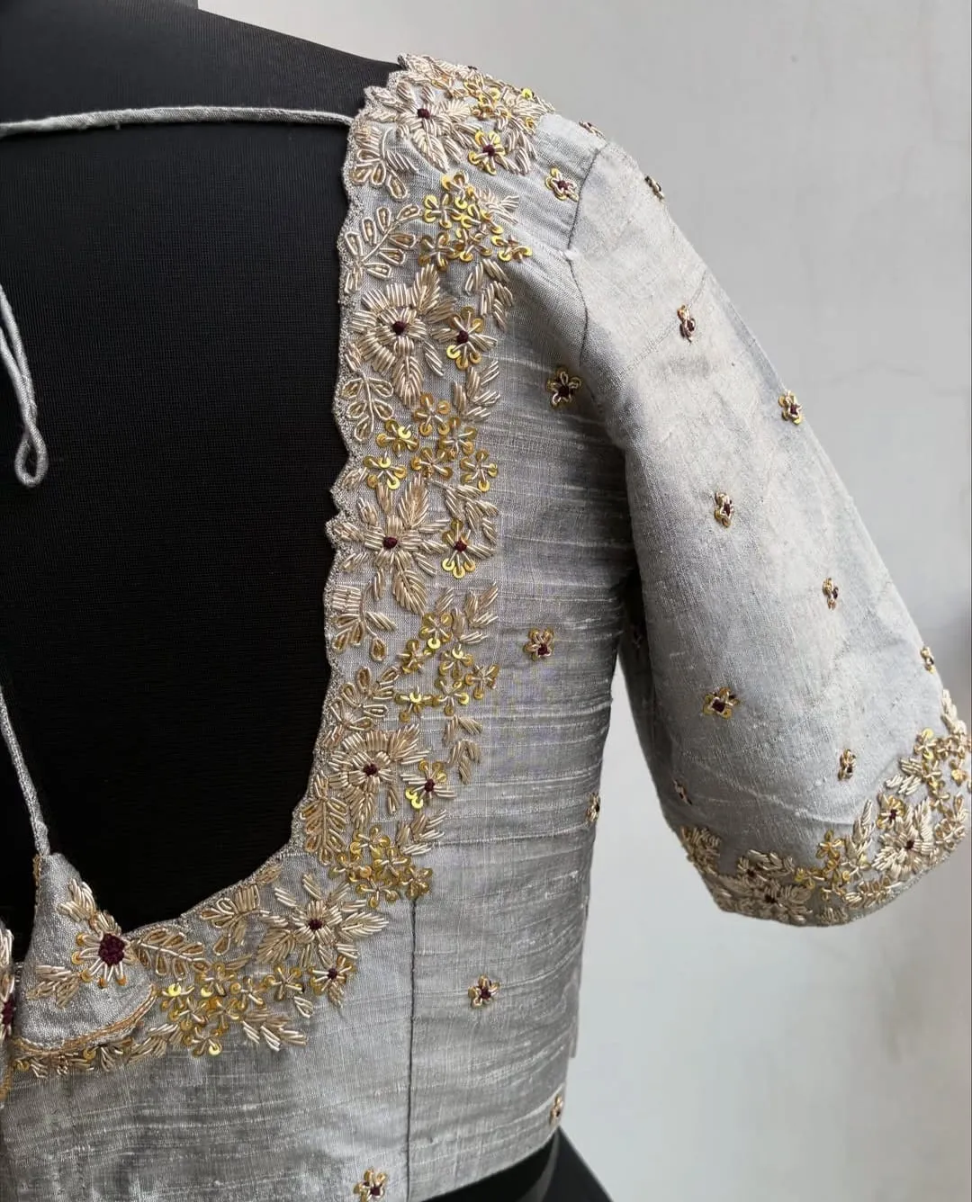 Luxury in Every Thread – Grey Raw Silk Zardosi Maggam Blouse