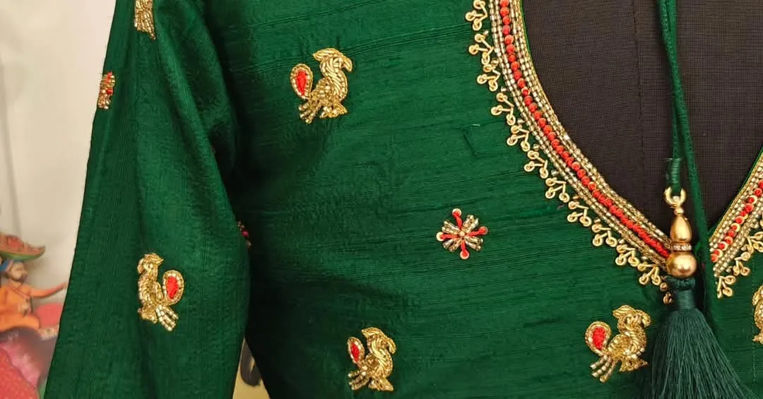 Regal Bottle Green Boat Neck Blouse – Peacock Maggam Masterpiece!