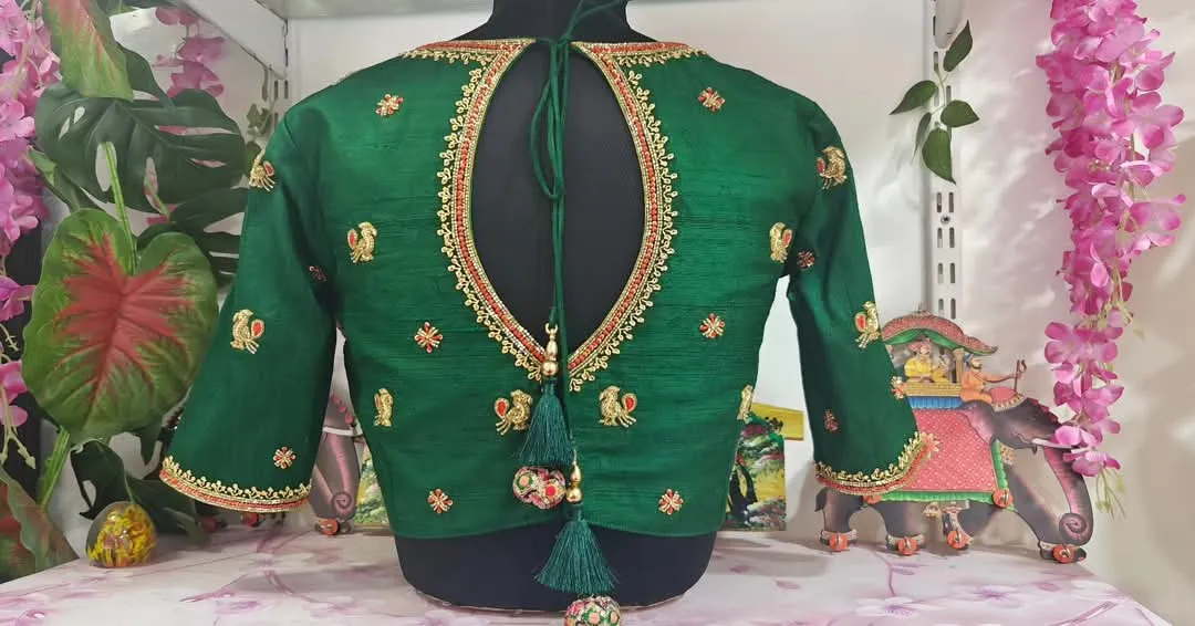 Regal Bottle Green Boat Neck Blouse – Peacock Maggam Masterpiece!