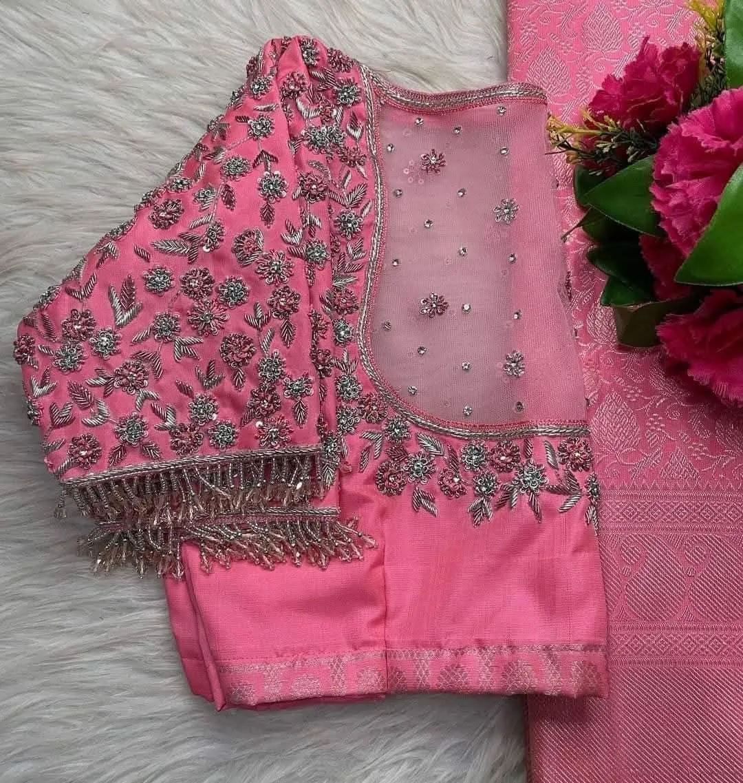 Stunning Baby Pink Zardosi Aari Work Blouse – Perfect for Bridal Glam!