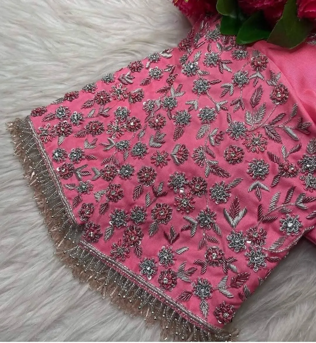 Stunning Baby Pink Zardosi Aari Work Blouse – Perfect for Bridal Glam!